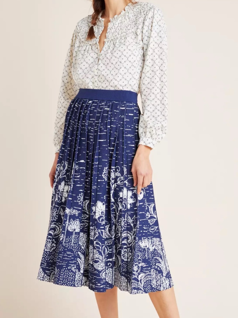 Anthropologie Haven Pleated Knit Floral Printed Midi Skirt